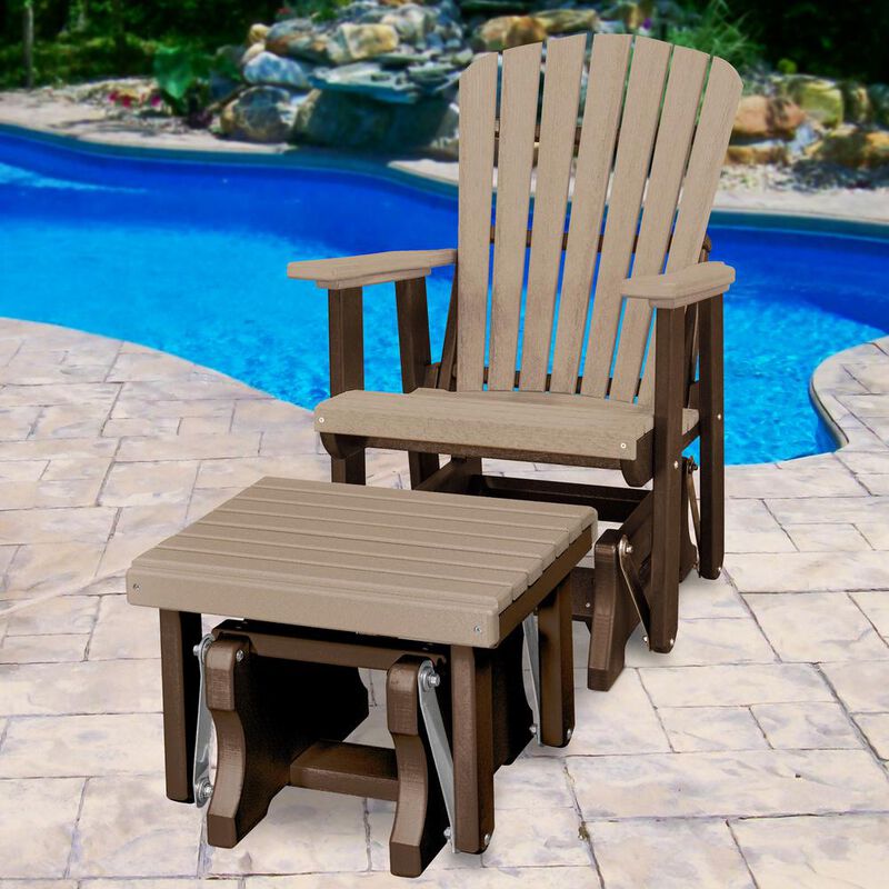 American Furniture Classics Fan Back Glider and Ottoman Glider in Weatherwood with a Tudor Brown Base