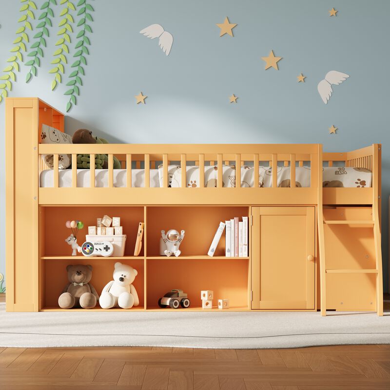 Merax Loft Bed with Storage Shelves and LED Headboard Light image number 3