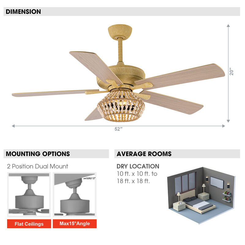52" BohoSand Gold Cage Ceiling Fan with Remote and Light Kit