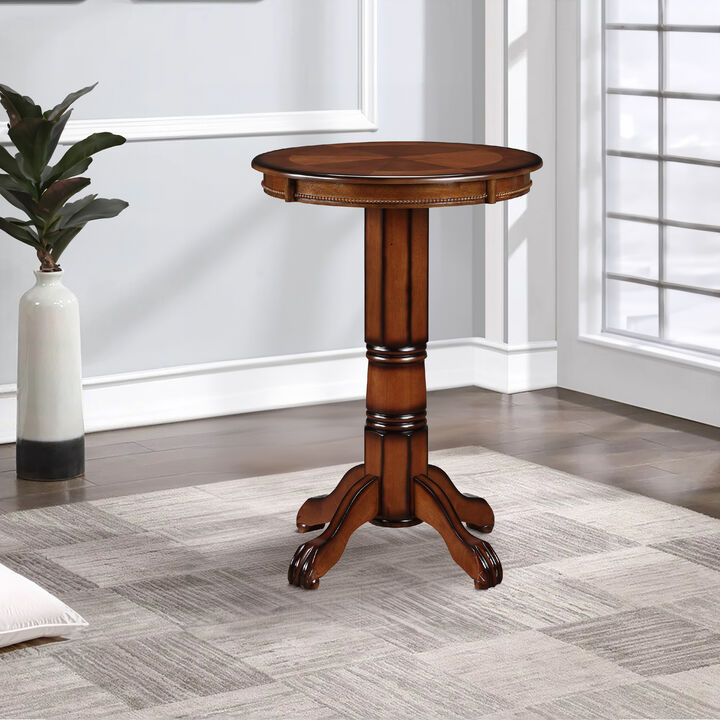 Ava 42 Inch Wood Pub Bar Table, Sunburst Design, Carved Pedestal, Brown