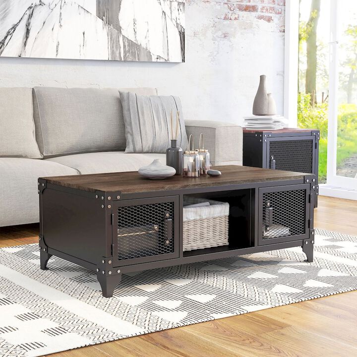 ENITIAL STAR Edam Industrial Metal Storage Coffee Table in Sand Black