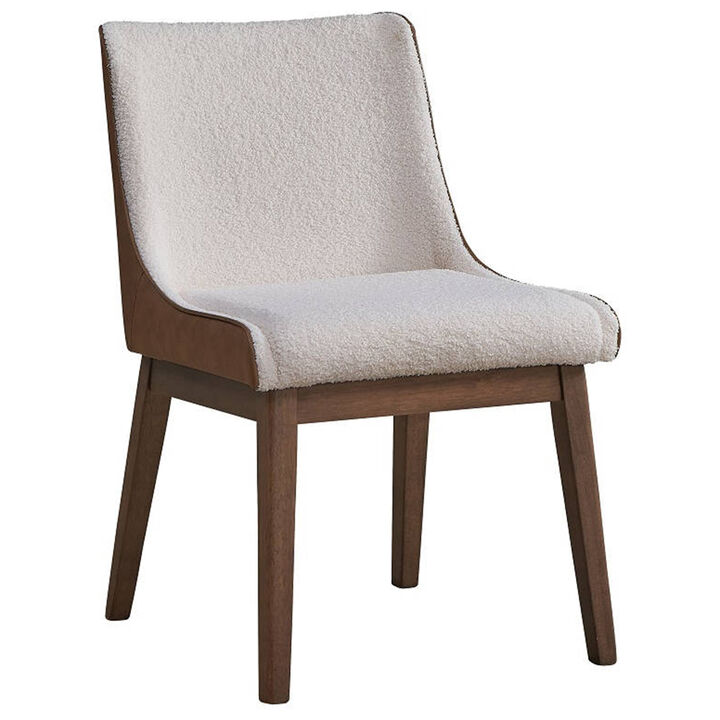 25 Inch Side Dining Chair Set of 2, Wingback, White Boucle, Walnut Brown - Benzara