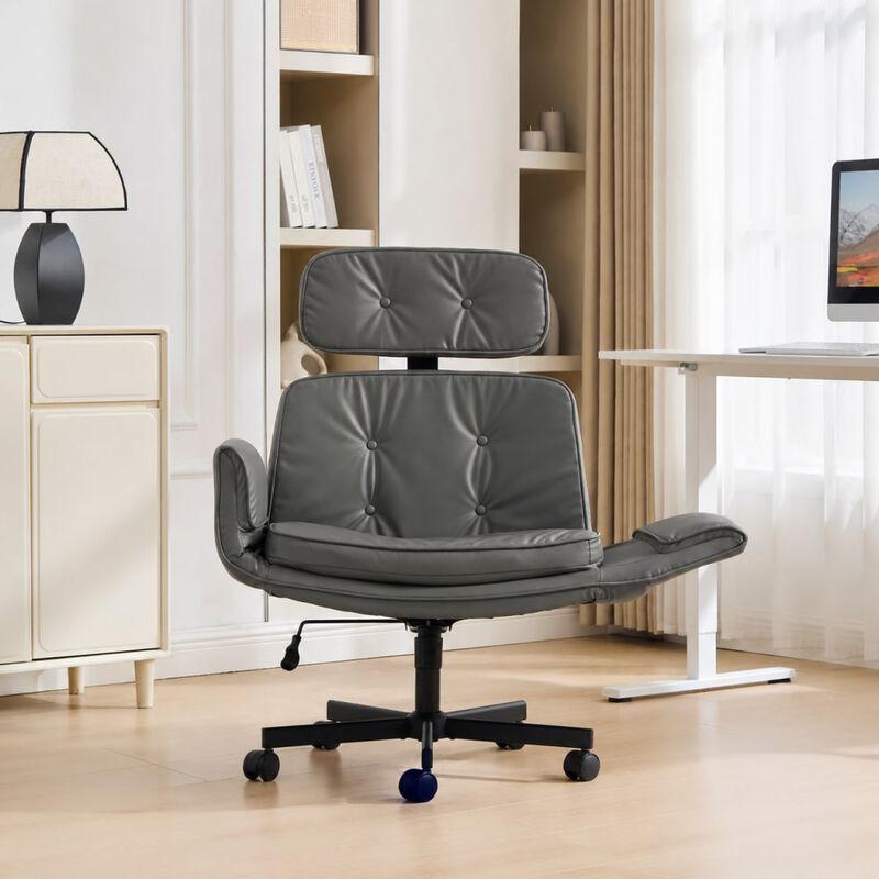 GOODSILO Cross-Legged Swivel Task Chair with Adjustable Armrests, Wheels, Removable Headrest for Home, Office, Makeup, Gaming Use image number 2