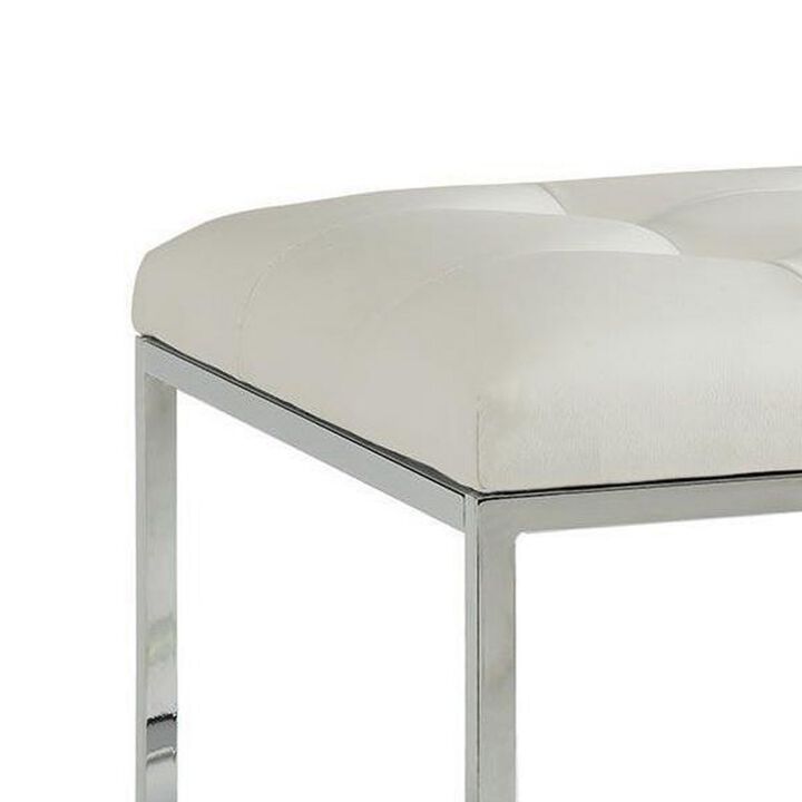 Leatherette Metal Frame Ottoman with Tufted Seating, White and Silver-Benzara