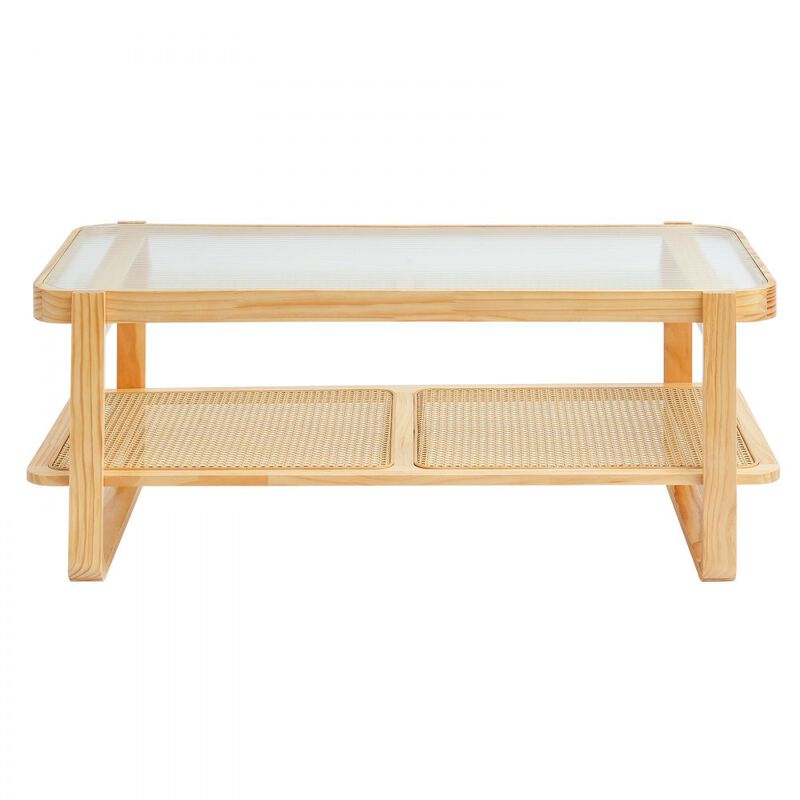 Rectangular Rattan Coffee Table with Glass Top and Wood Legs for Living Room or Bedroom