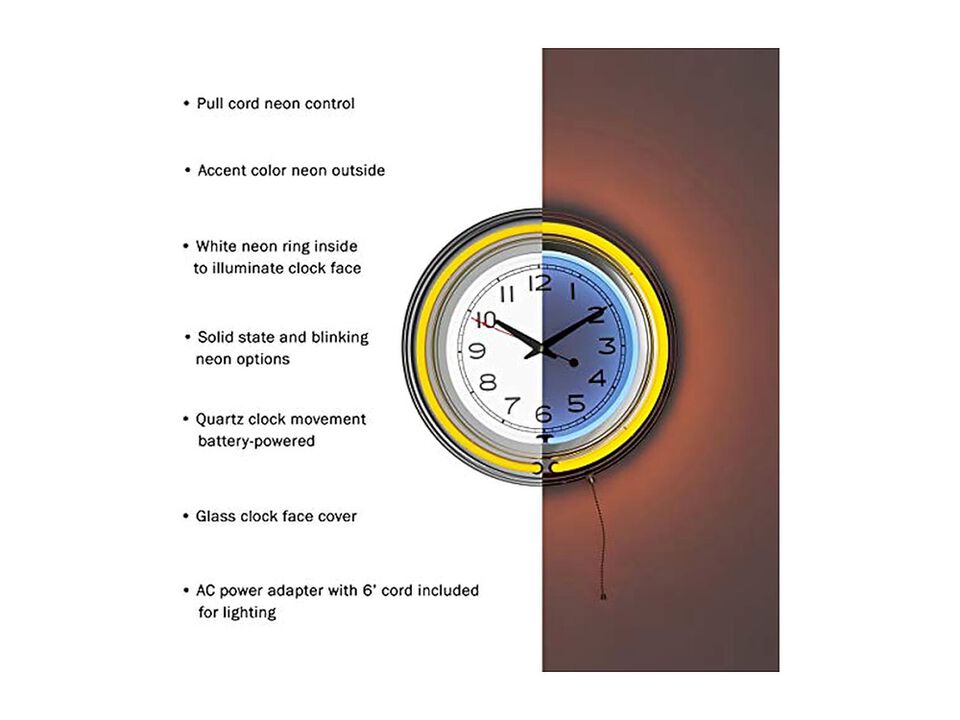 Lavish Neon Double Light Ring Dual Wall Clock Yellow Retro Game Room Decor
