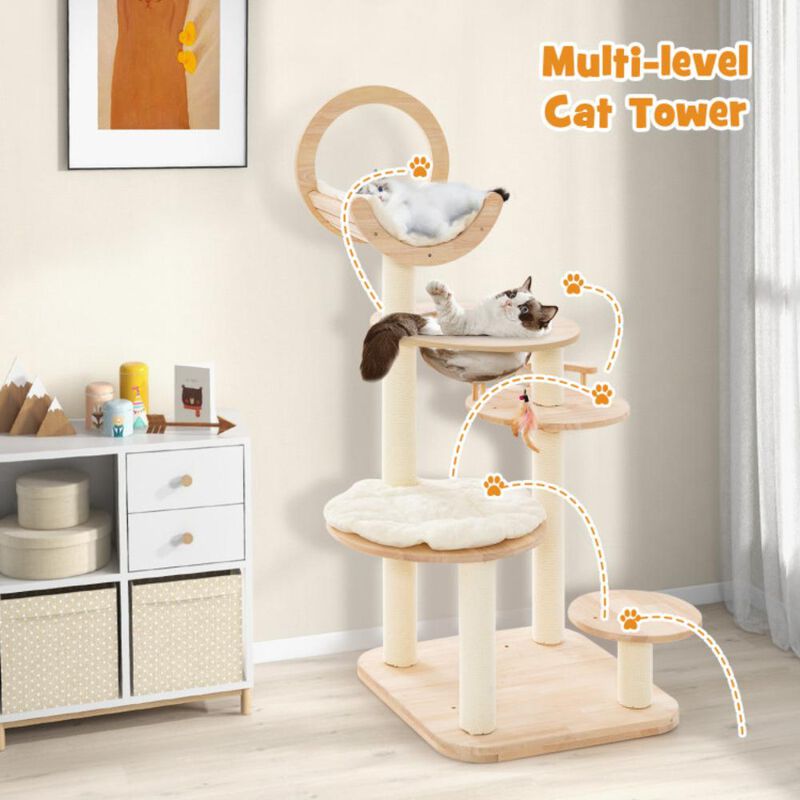 Hivvago 4-in-1 Large Wooden Cat Tower with Space Capsule Nest for Indoor Cats