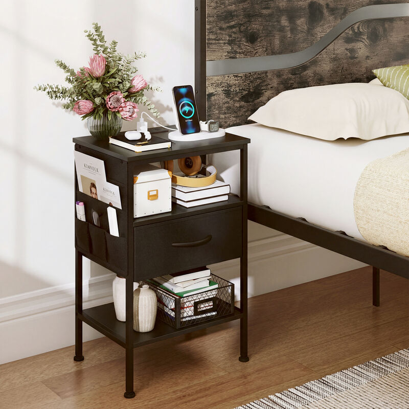Modern Nightstand with Charging Station, Fabric Drawer Bedside Table image number 3