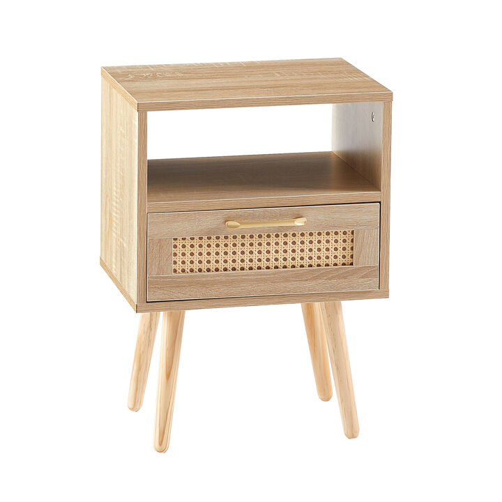 Rattan End table with drawer and solid wood legs, Modern nightstand, side table for living roon, bedroom,natural
