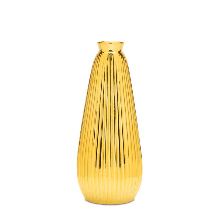 Ribbed Metallic Ceramic Vase for Modern Tabletop, Shelf, or Entryway Decor