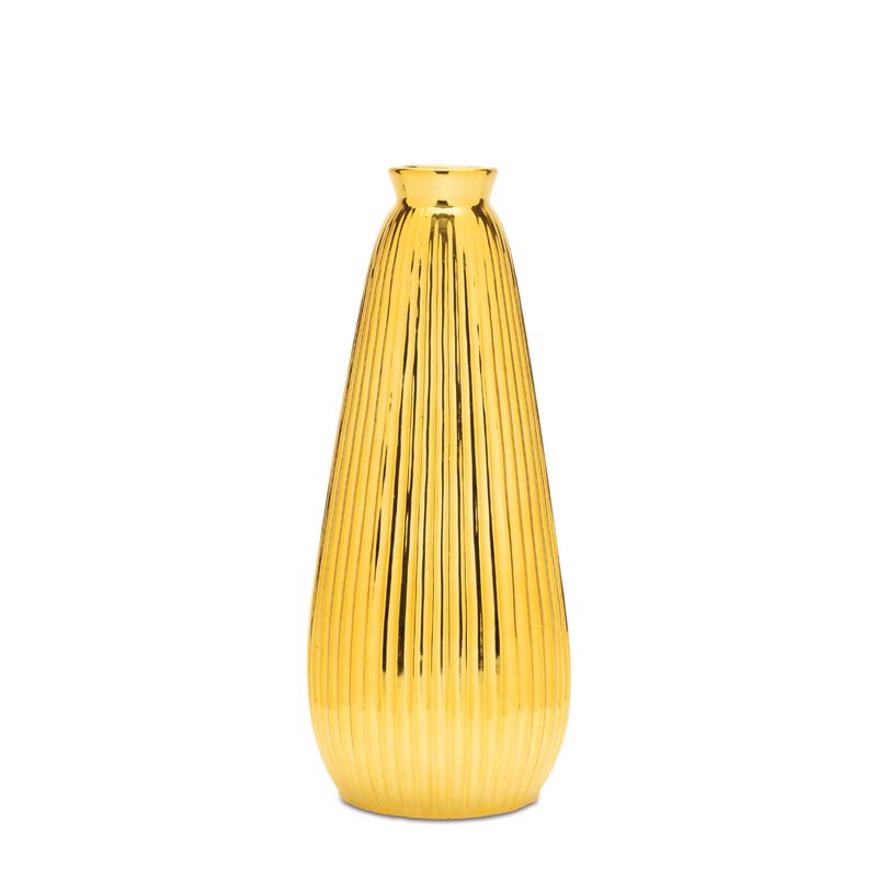 Ribbed Metallic Ceramic Vase for Modern Tabletop, Shelf, or Entryway Decor