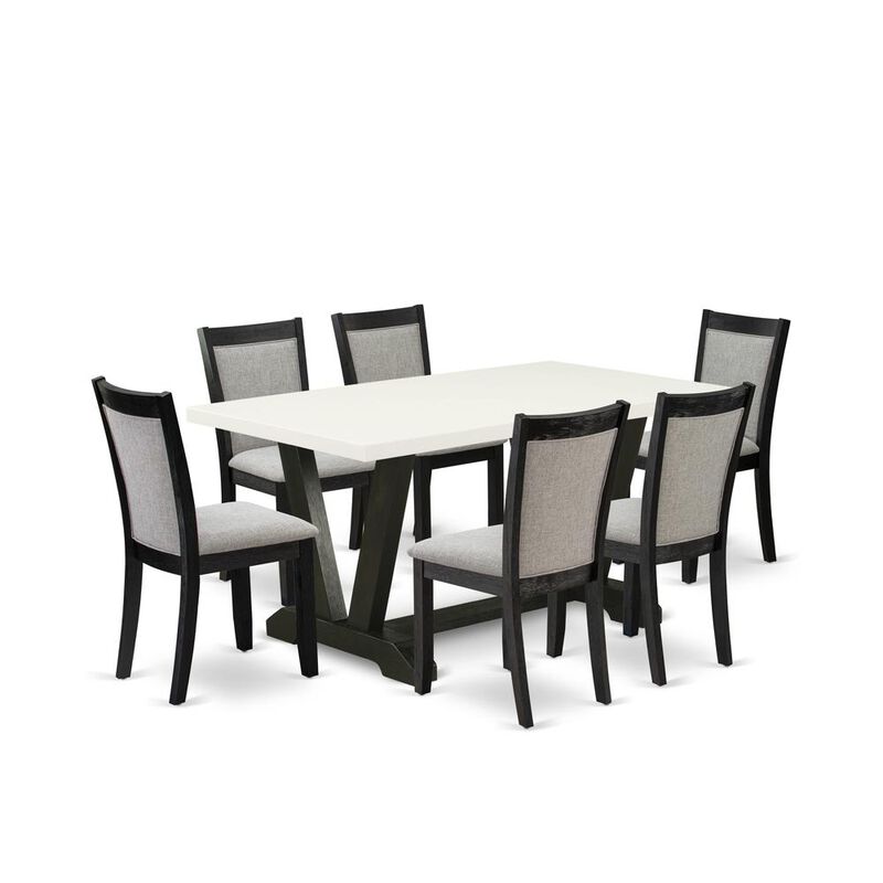 V626MZ606-7 7 Pc Dinner Table Set - Linen White Dining Table with 6 Shitake Wooden Dining Chairs - Wire Brushed Black Finish