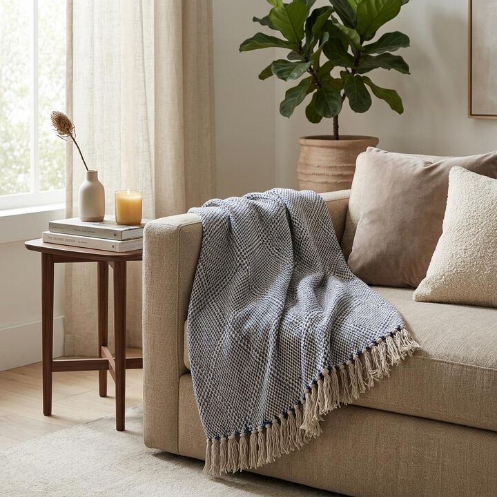 HomeRoots Blue and Beige Woven Handloom Throw with Tassels