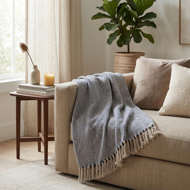 HomeRoots Blue and Beige Woven Handloom Throw with Tassels image number 1