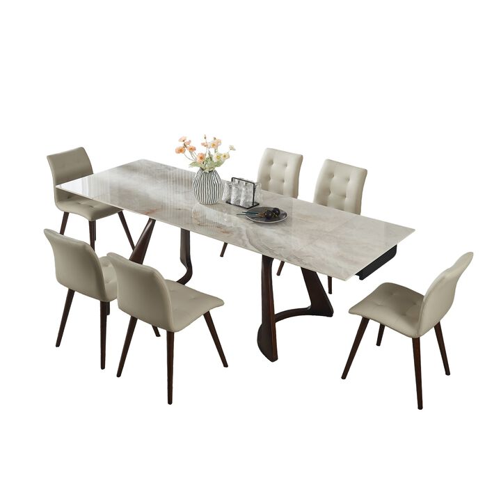 6-Person Dining Table Sets with Retractable Imitation Sintered Stone Table,Heavy Duty Carbon Dark Walnut Solid Wood Base for Kitchen,Living Room