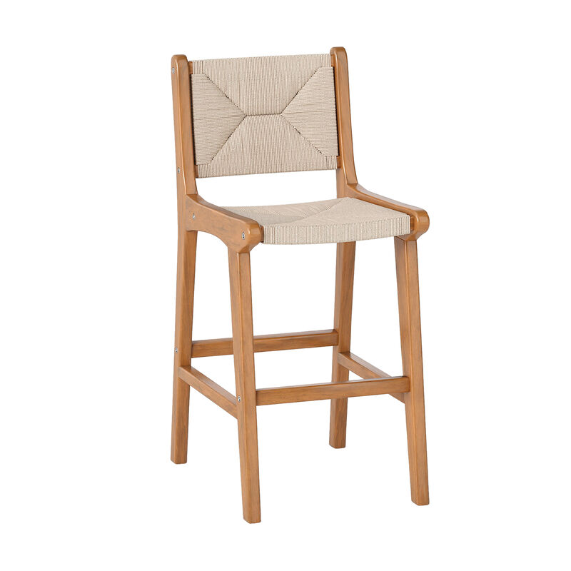 Patio Barstool Counter Height with Teak Wood Frame and Woven Rope Seat-Natural image number 0