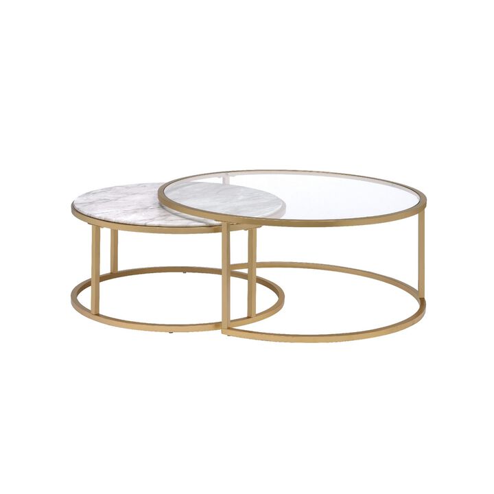 Metal Framed Nesting Coffee Tables with Glass and Marble Tops, Set of Two, Gold-Benzara