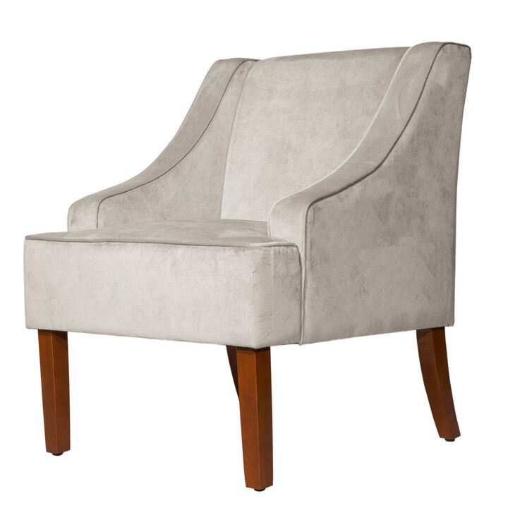 Velvet Fabric Upholstered Wooden Accent Chair with Swooping Armrests, Gray and Brown - Benzara