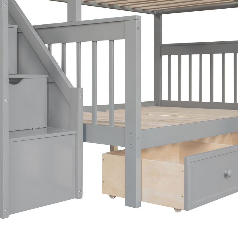 Merax Twin over Full L-Shaped Bunk Bed With 3 Drawers, Ladder and Staircase