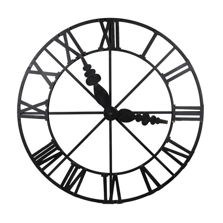 46 Inch Faux Clock Wall Decor, Round, Vintage Style, Matte Black Finish - Benzara