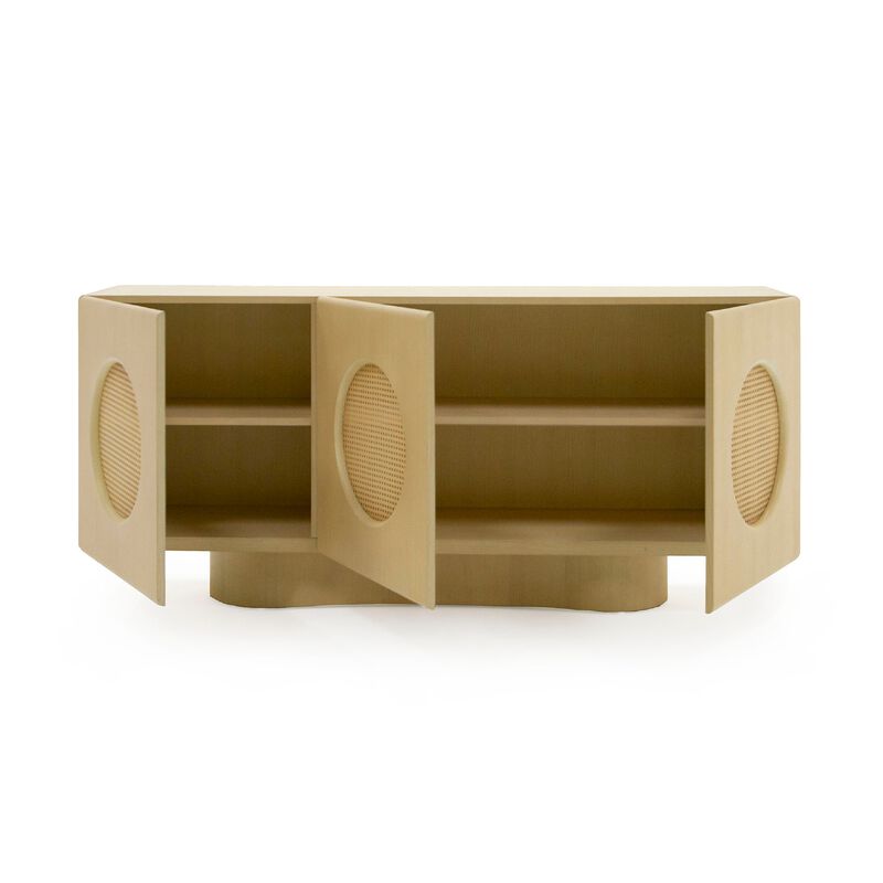 Noe Aky Sideboard Buffet Cabinet, 3 Doors w Rattan Fronts, Brown, 70 Inch - Benzara