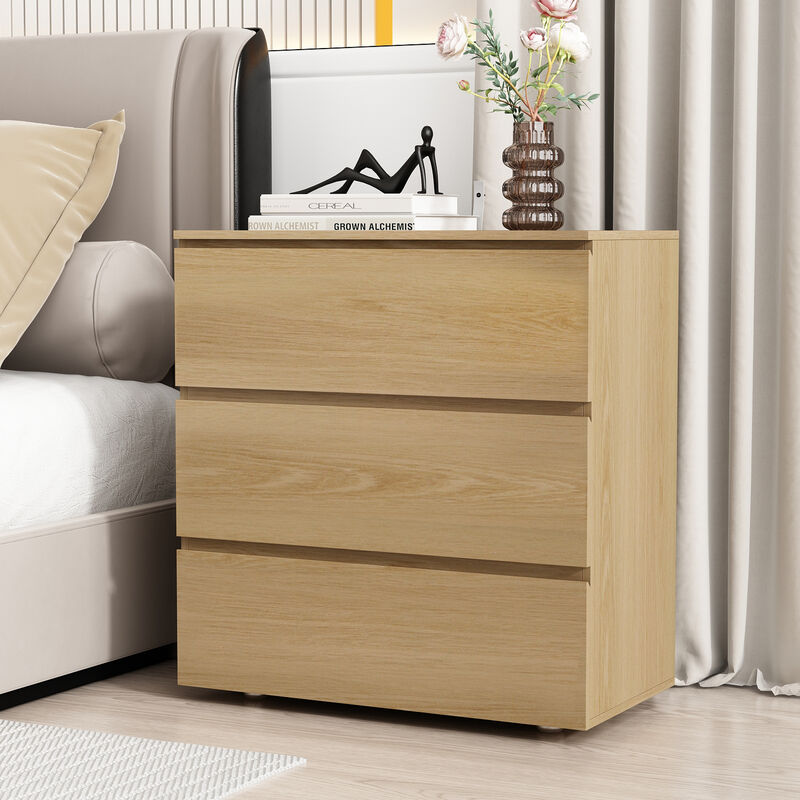 FUFU&GAGA 3-Drawer Wood Grain Nightstand with Slanted Fronts and No Handles, Rustic Bedside Storage Cabinet (32.3 in. H x 30.3 in. W x 15.7 in. D), Oak Wood Finish