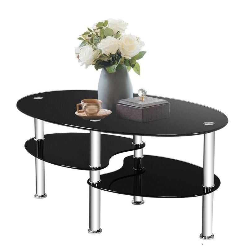 QuikFurn Modern Black Tempered Glass Coffee Table with Bottom Shelf
