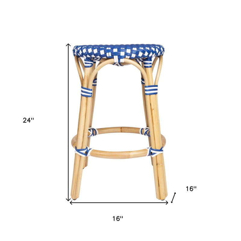 Hivvago 24 Inch Blue and White and Wood Brown Heavy Duty Rattan Backless Counter Height Bar Chair