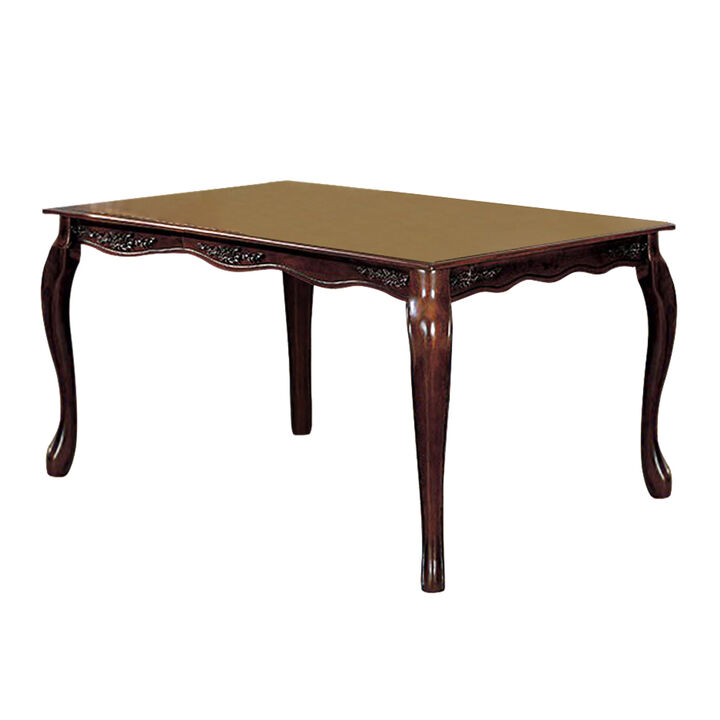 Wooden Dining Table with Floral Carved Accents and Cabriole Legs, Brown-Benzara