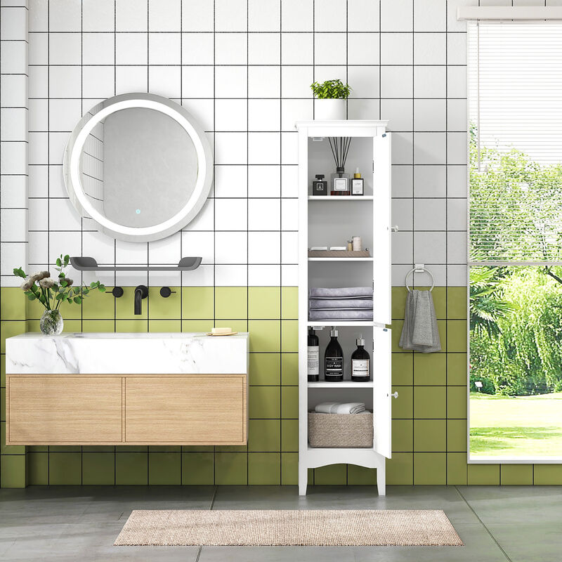 Costway Tall Bathroom Floor Cabinet Narrow Linen Tower with 2 Doors & Adjustable Shelf