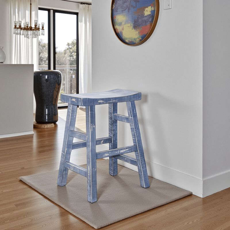 Rena Counter Stool Set of 2, Saddle Seat, Ocean Blue Mahogany Wood - Benzara