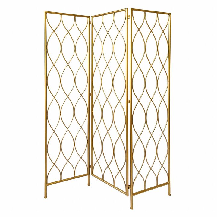 HomeRoots 71" Gold Iron Folding Three Panel Screen Room Divider