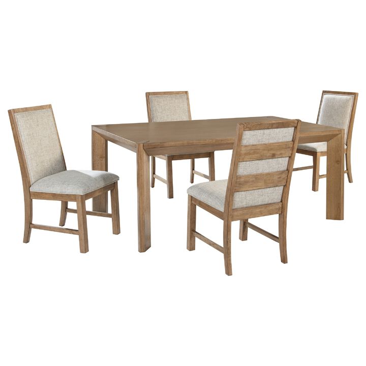 Rune 5pc Dining Table Set, Natural Brown Veneer, 4 Oatmeal Gray Chairs