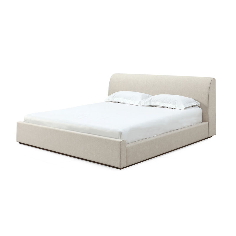 Reza Queen Size Platform Bed, Sleigh Headboard, Low Profile, Beige Linen - Benzara