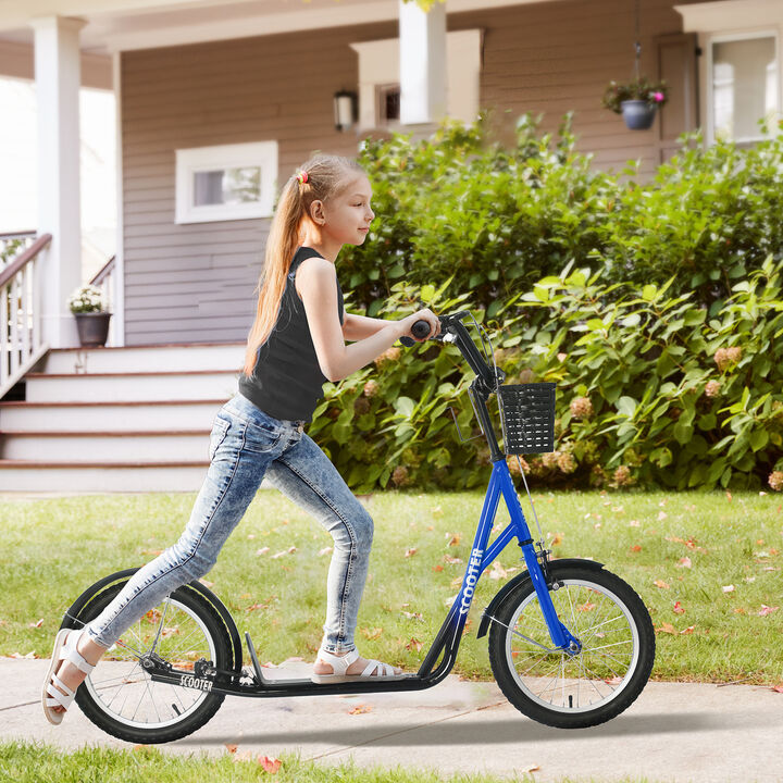 BreeBe Youth Scooter, Kick Scooter with Adjustable Handlebars, Double Brakes, 16" Inflatable Rubber Tires, Basket, Cupholder