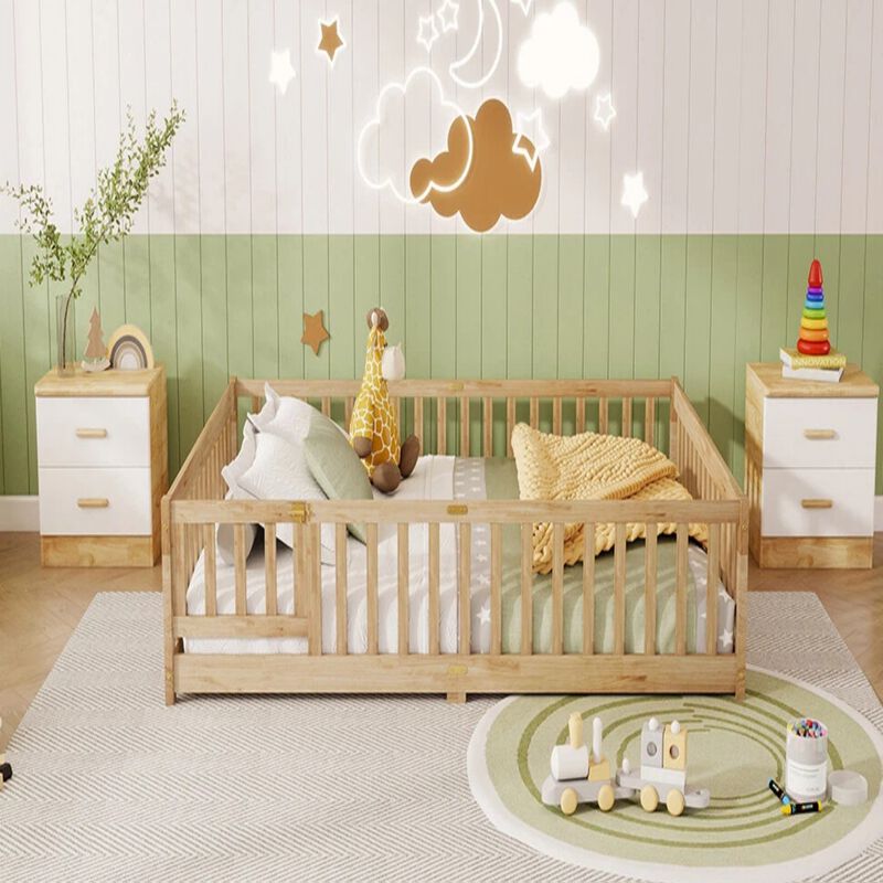 Whisen Queen Floor Bed with Safety Fence & Secure Door, Rubber Wood Low-Profile Platform Bed for Children image number 5