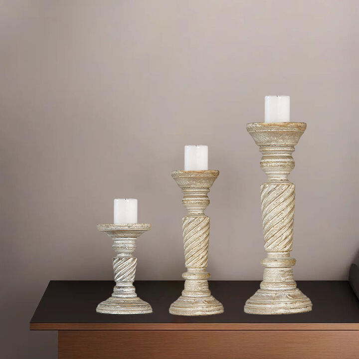 Traditional Antique White Eco-friendly Handmade Mango Wood Set Of Three 6",9" & 12" Pillar Candle Holder BBH Homes