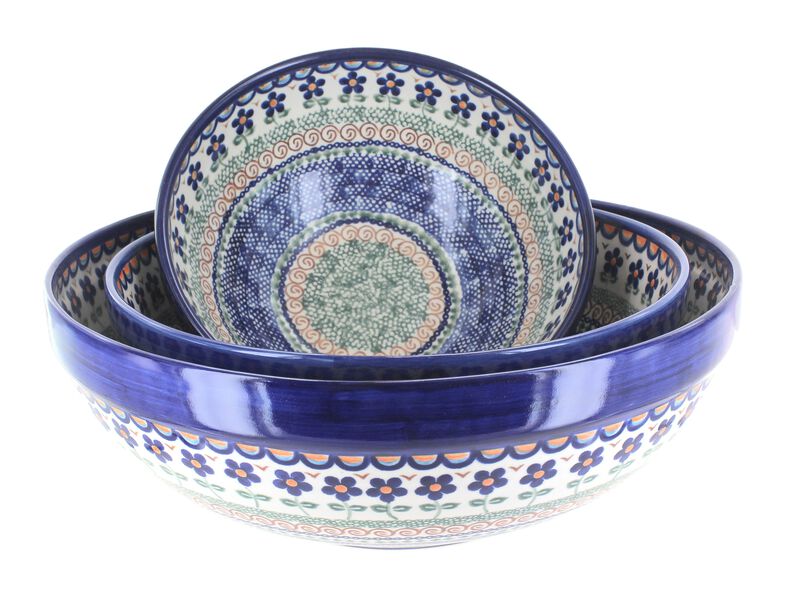 Blue Rose Polish Pottery Daisy Surprise 3 Piece Serving Bowl Set