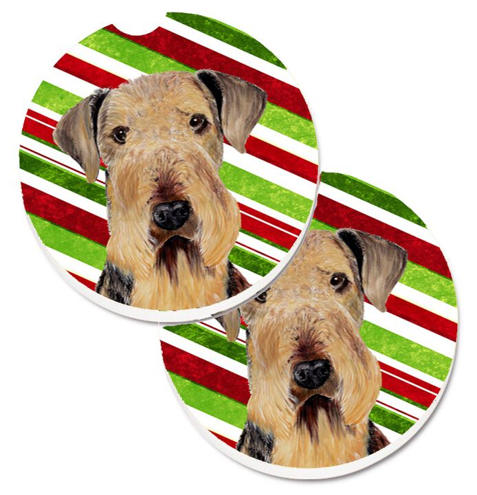Caroline's Treasures Airedale Candy Cane Holiday Christmas Set of 2 Cup Holder Car Coasters SC9333CARC, 2.56, Multicolor