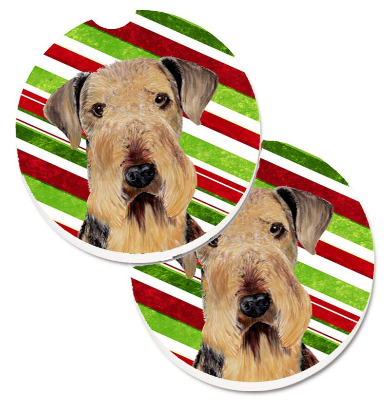 Caroline's Treasures Airedale Candy Cane Holiday Christmas Set of 2 Cup Holder Car Coasters SC9333CARC, 2.56, Multicolor image number 0