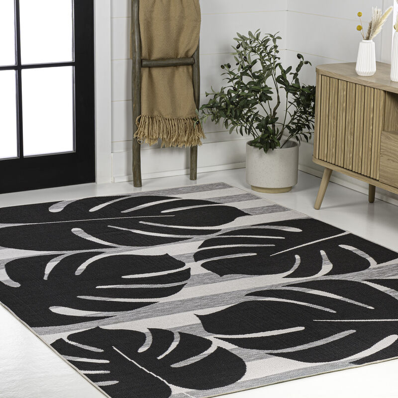 Allison Classic Beach Stripe and Monstera Leaf Indoor/Outdoor Area Rug