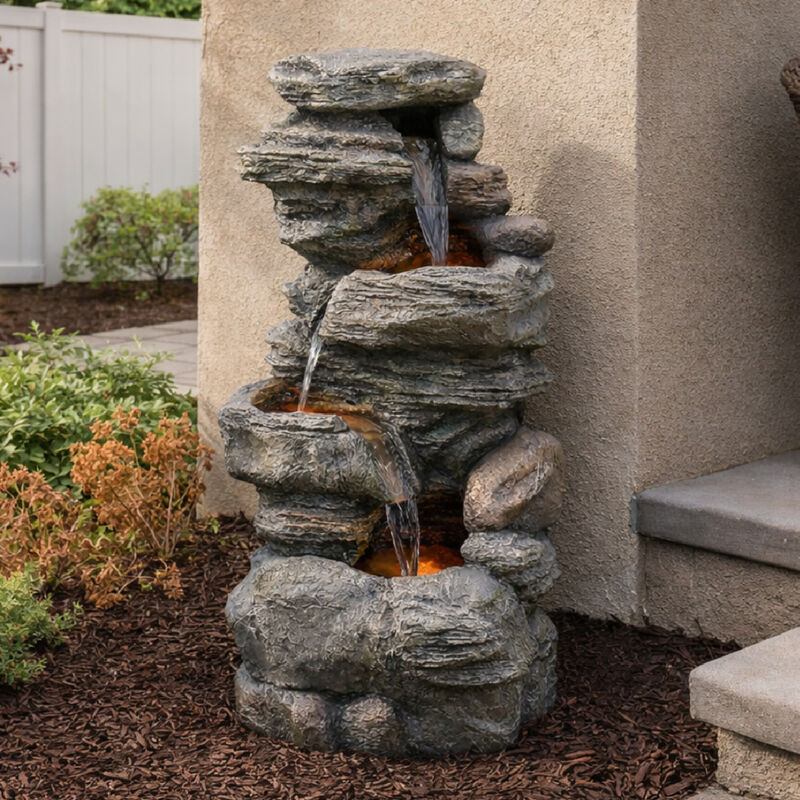 Outdoor Faux Stone 4-Tier Water Fountain with LED, Gray image number 7