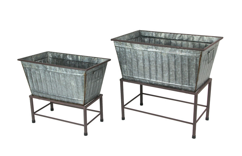 Rectangular Galvanized Metal Tub Planters On Stand Set of 2 image number 0