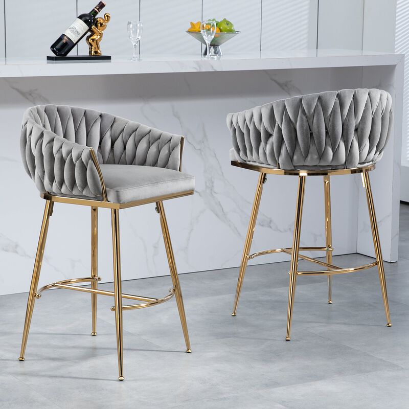 26 Inch Velvet Counter Height Bar Stool with Hand Wave Back and Golden Base for Kitchen Island image number 3