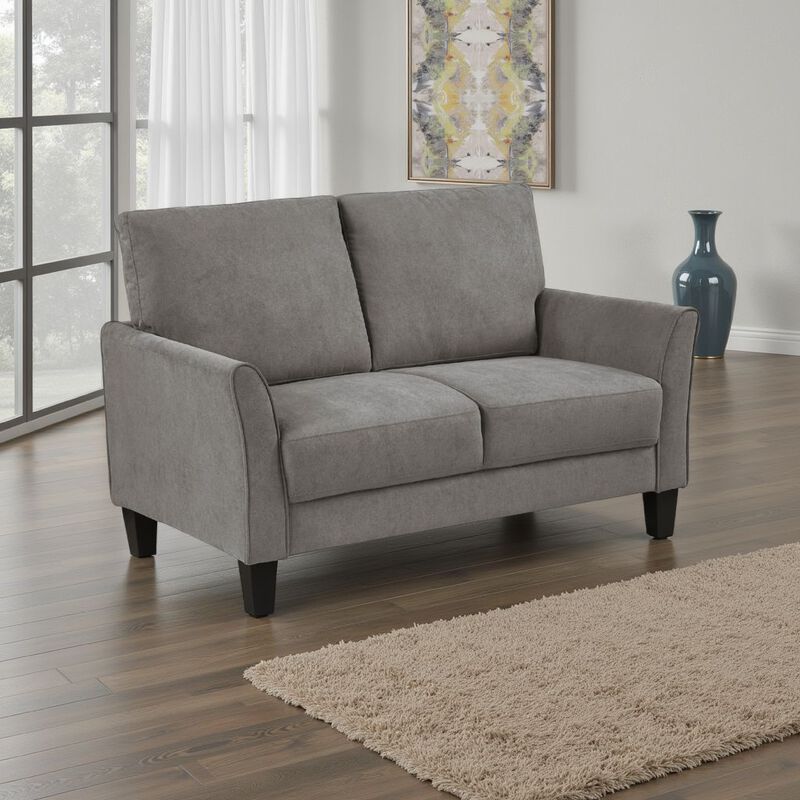 Xumo Loveseat, Taupe Gray Fabric, 56 Inch, Black Tapered Wood Legs - Benzara