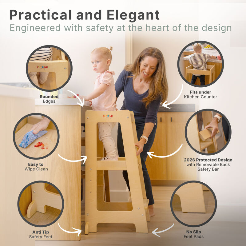 Stepup Baby&reg; Adjustable Toddler Tower - Varnished Wooden Step Stool for Kids | Toddler Standing Tower with Child-safe Chopper & Chopping Board for 18M-4Y image number 4