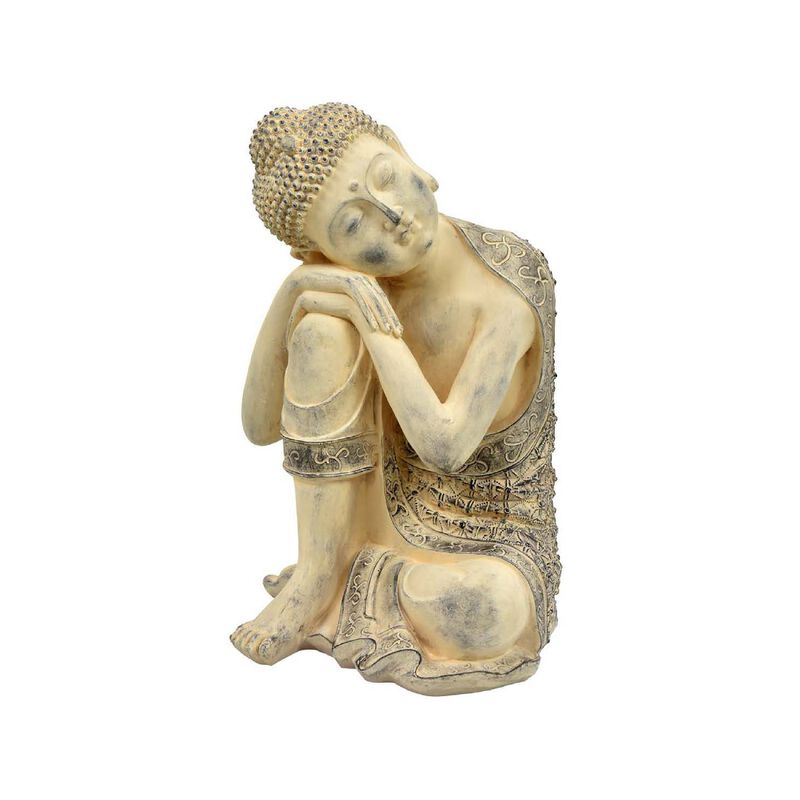 Decorative Resting Buddha Figurine, Antique Beige Resin, 14 Inch - Benzara