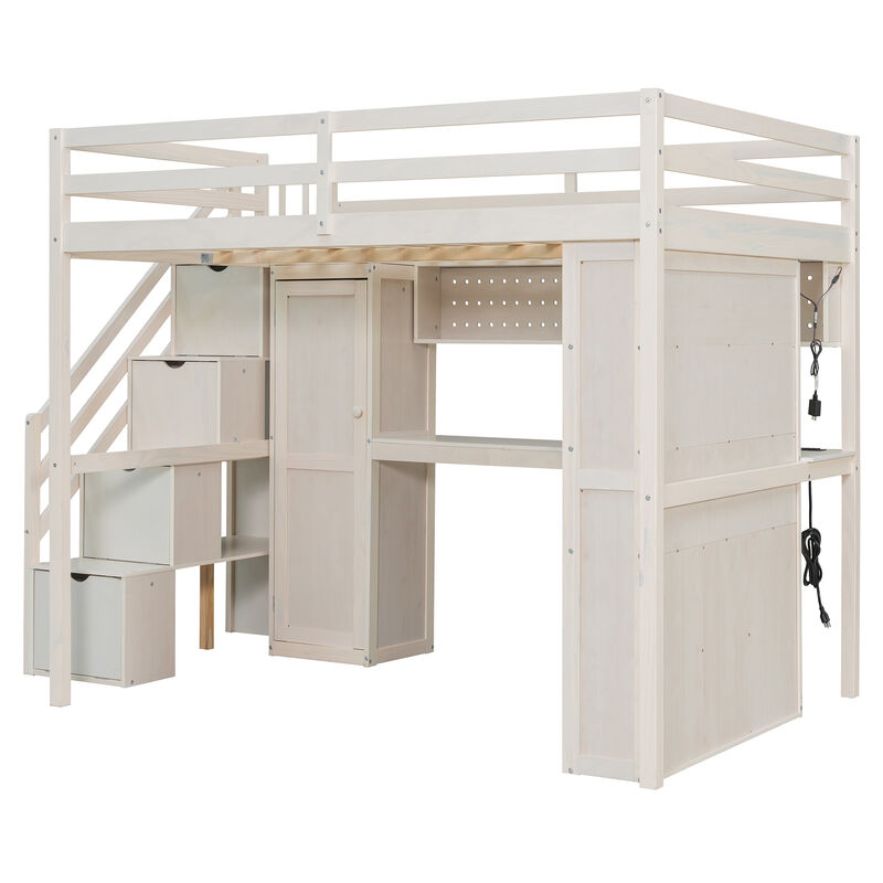 Whisen Full Loft Bed with Wardrobe Desk Shelves, Solid Wood Space-Saving for Bedroom Kids image number 7