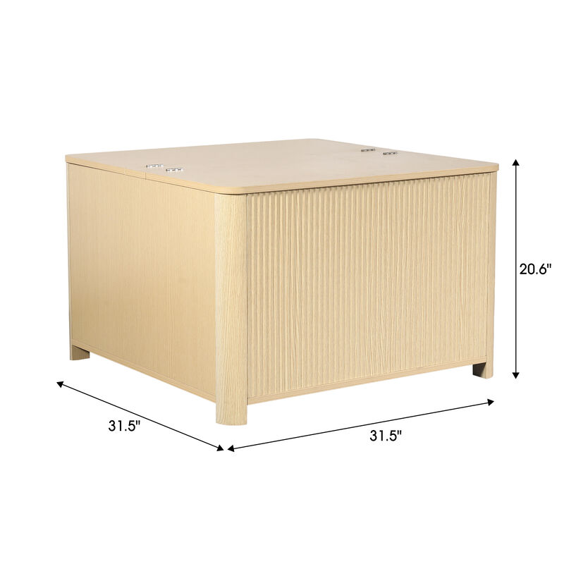 32" Modern Natural Wood Light Oak Fluted Square Coffee Table with Flip Top Hidden Storage image number 5