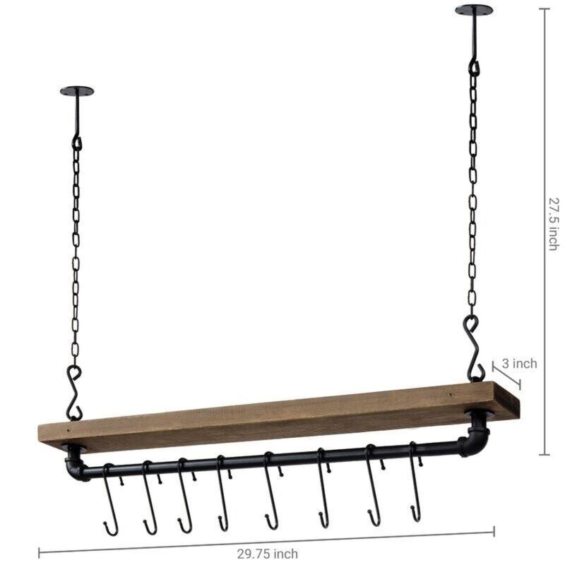 QuikFurn FarmHome Rustic Industrial 8 S-Hooks Ceiling Mounted Hanging Pot Rack